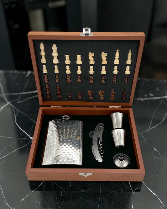 Silver Hip Flask & Chess Set