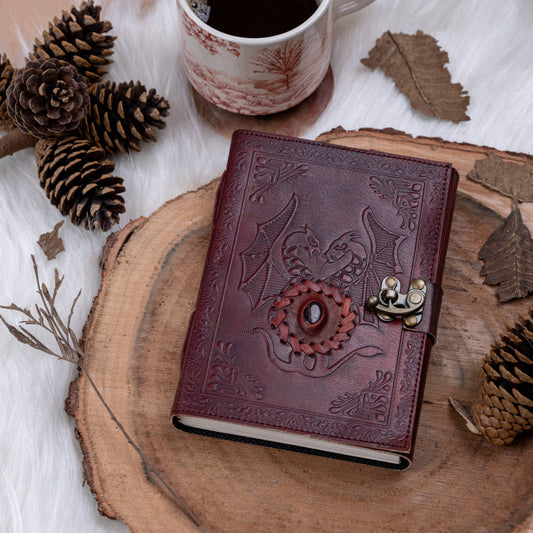Leather Journal with Carnelian Stone Embossed Dragon  Travel Journal 