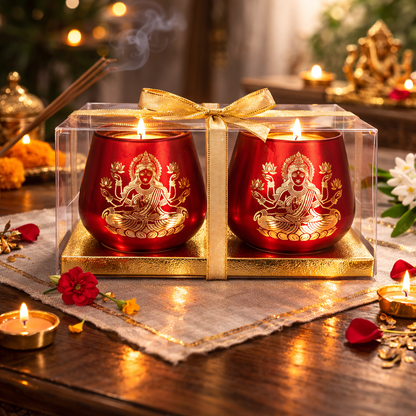 Candle Holder - Laxmi (4 in., 2 pc): Red