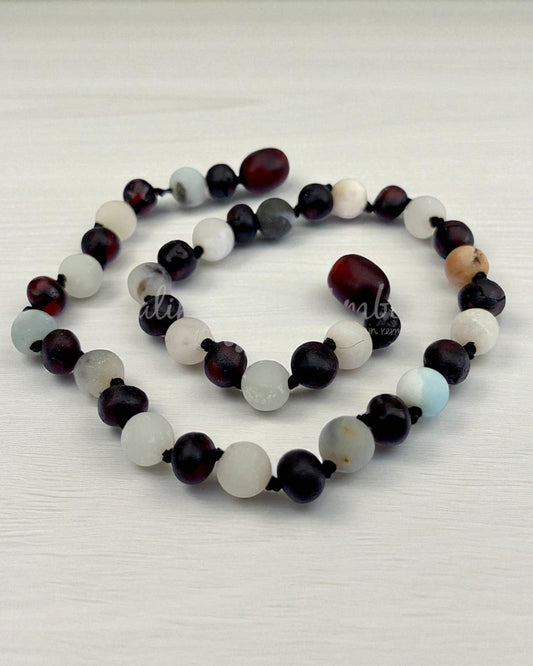Raw Molasses Amber & Amazonite Gemstone-11 inch Necklace
