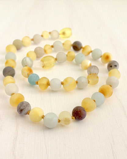 Raw Gold Amber & Amazonite Gemstone-11 inch Necklace