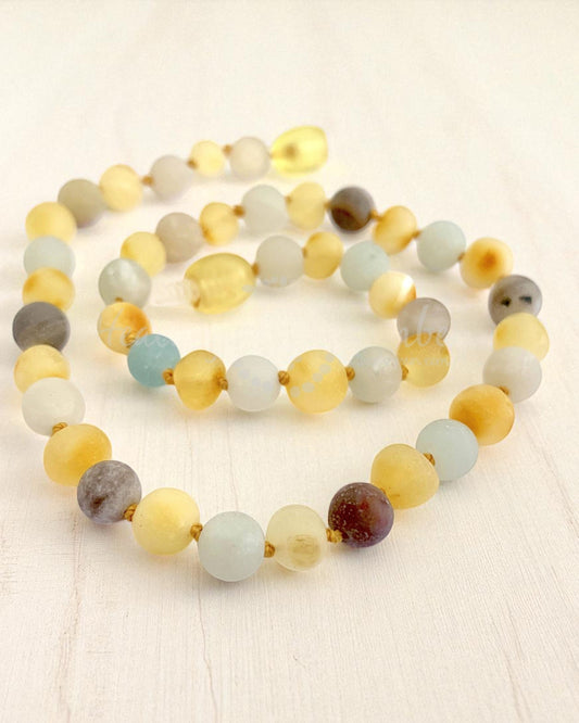 Raw Gold Amber & Amazonite Gemstone-11 inch Necklace