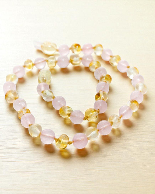 Gold Amber & Rose Quartz-11 inch  Amber Necklace