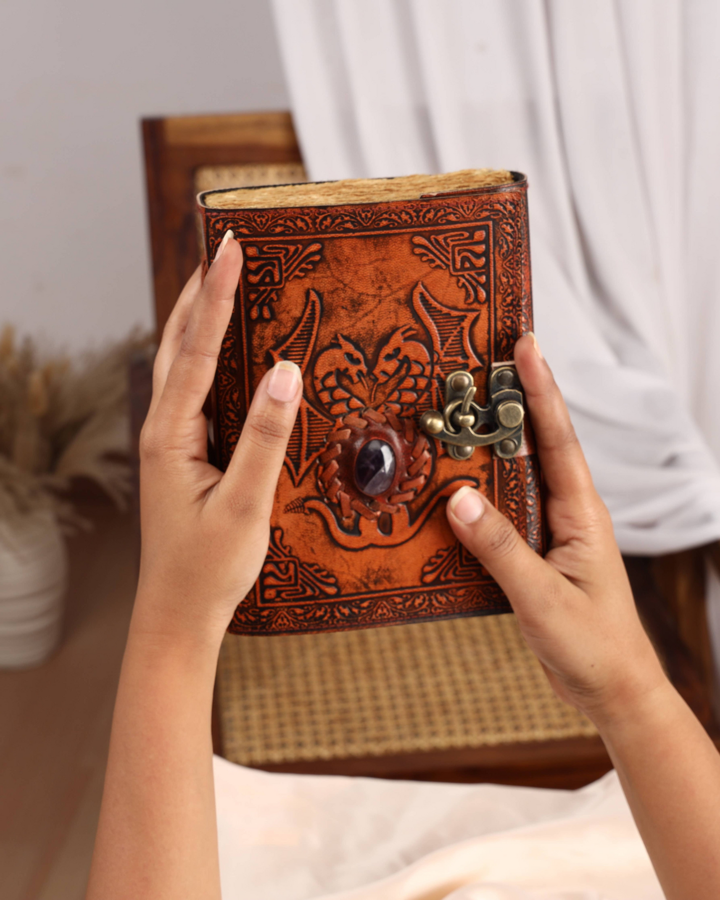 Leather Journal with Amethyst Stone Embossed  Dragon Travel Journal 