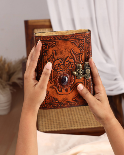 Leather Journal with Amethyst Stone Embossed  Dragon Travel Journal 