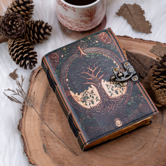 Leather Journal Notebook with Vintage Paper Tree Print