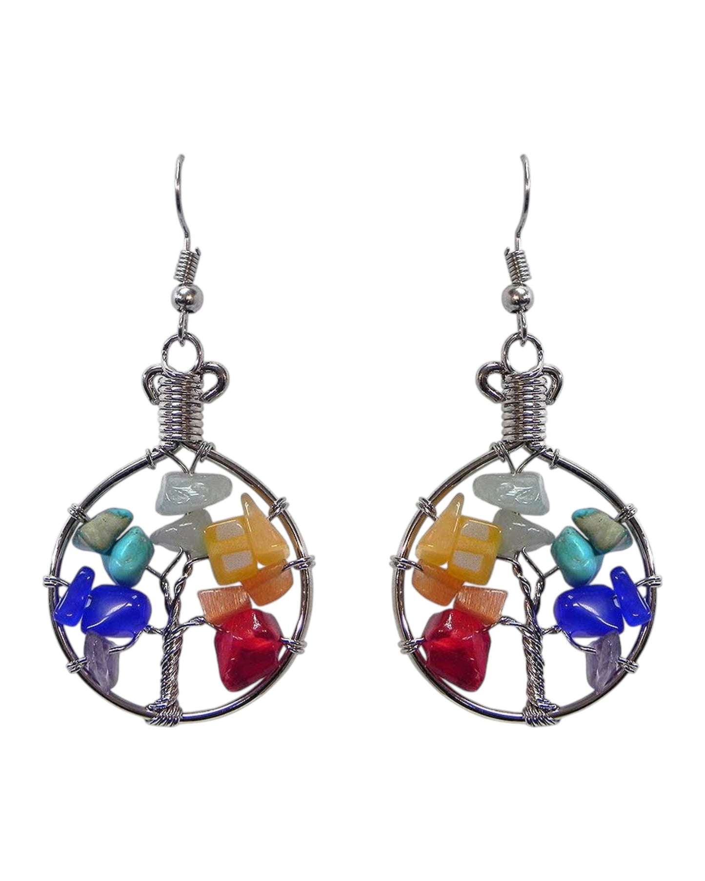 Round Chip Stone Tree of Life Wire Wrapped Dangle Earrings