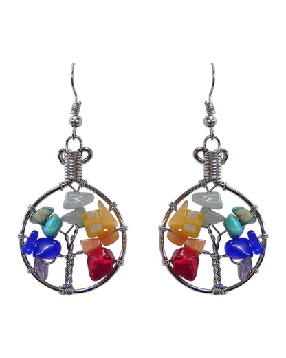 Round Chip Stone Tree of Life Wire Wrapped Dangle Earrings