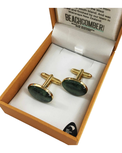 NZ Pounamu Cufflinks Gold Plated Oval