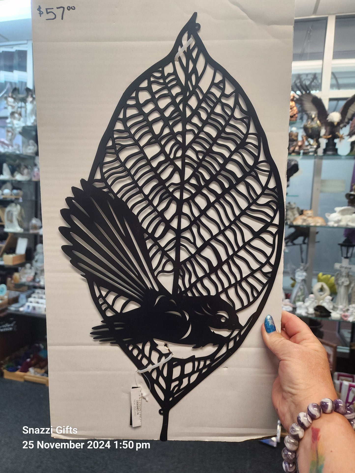 50cm NZ Native Fantail on Leaf Wall Art