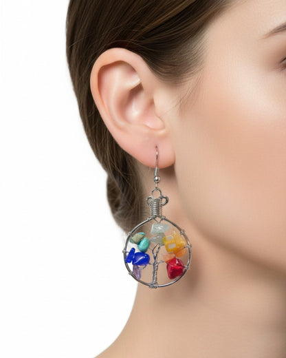 Round Chip Stone Tree of Life Wire Wrapped Dangle Earrings