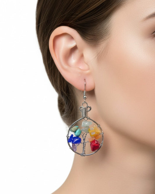 Round Chip Stone Tree of Life Wire Wrapped Dangle Earrings