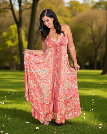 LONG STRAPPY SILK DRESS WITH FRILL: Orange / One Size