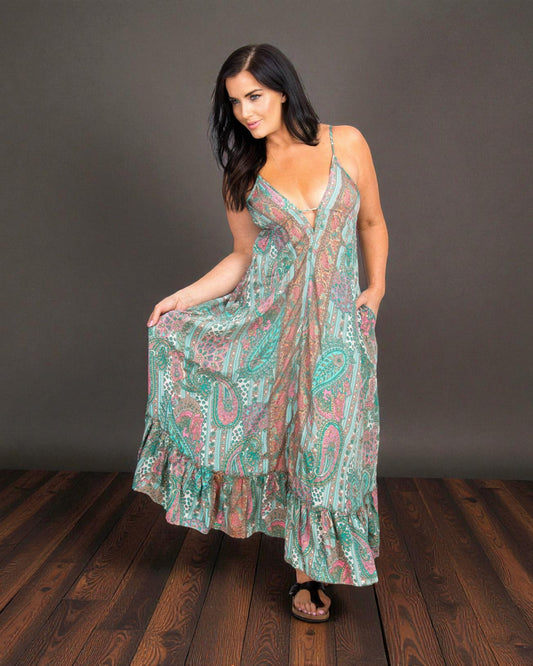 LONG STRAPPY SILK DRESS WITH POCKETS: Green / One Size