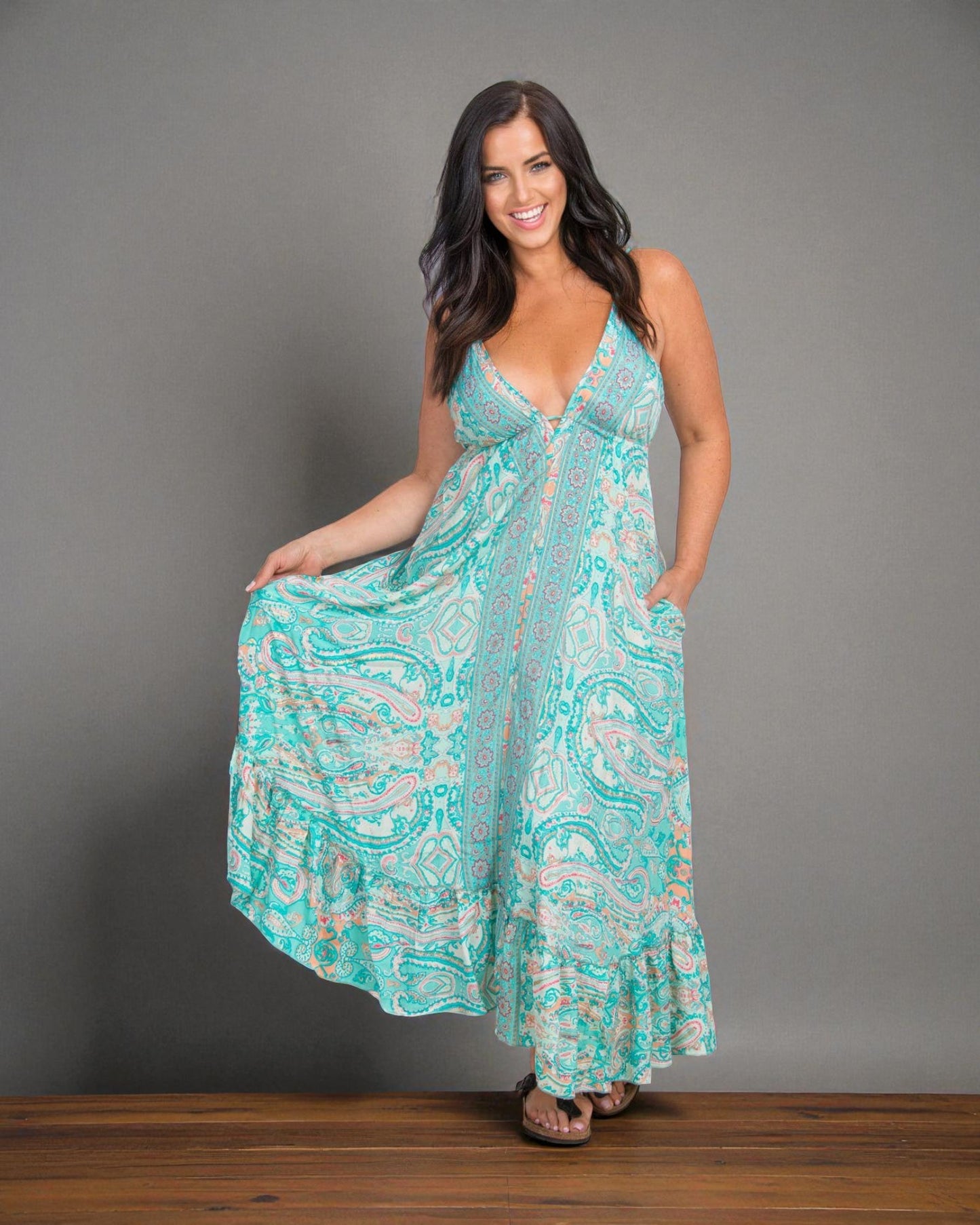 LONG STRAPPY SILK DRESS WITH POCKETS: Mint / One Size