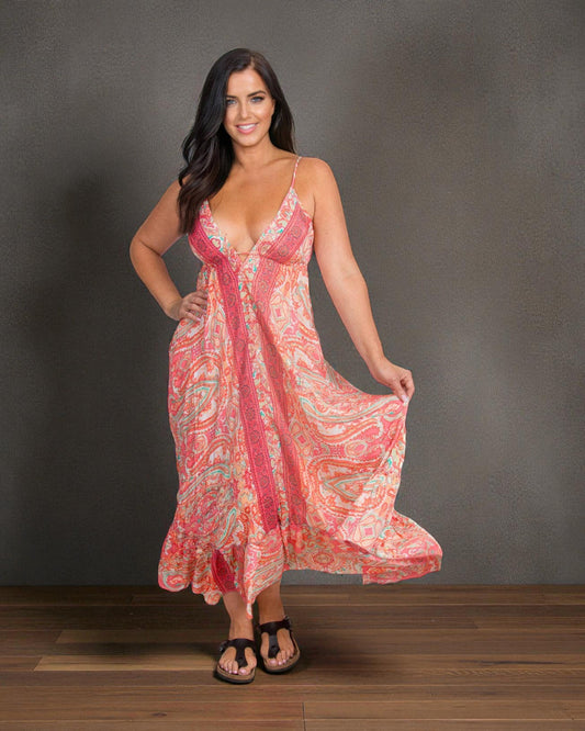 LONG STRAPPY SILK DRESS WITH POCKETS: Orange / One Size