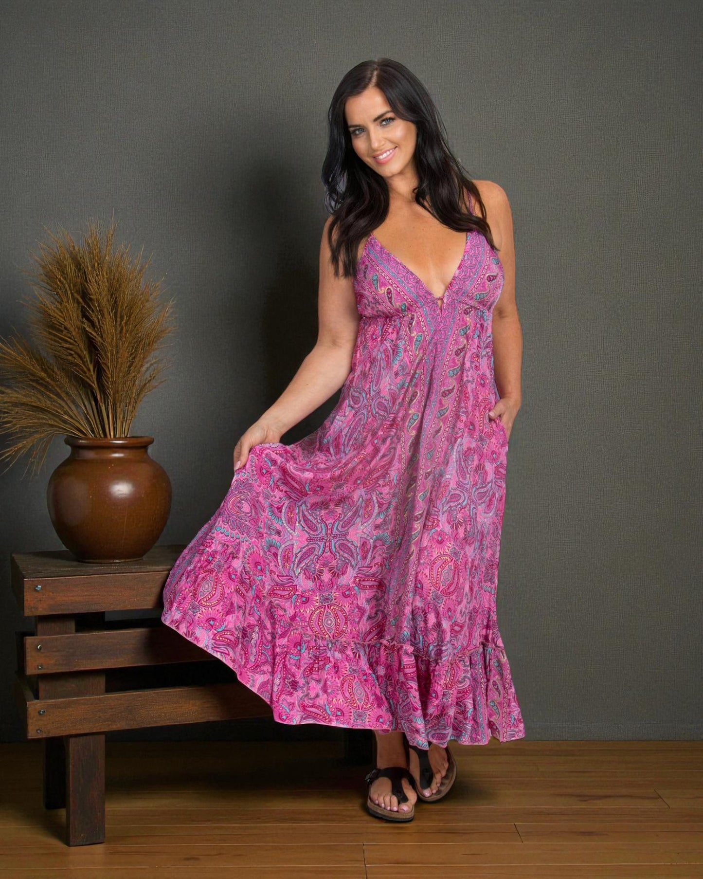 LONG STRAPPY SILK DRESS WITH POCKETS: Pink / One Size