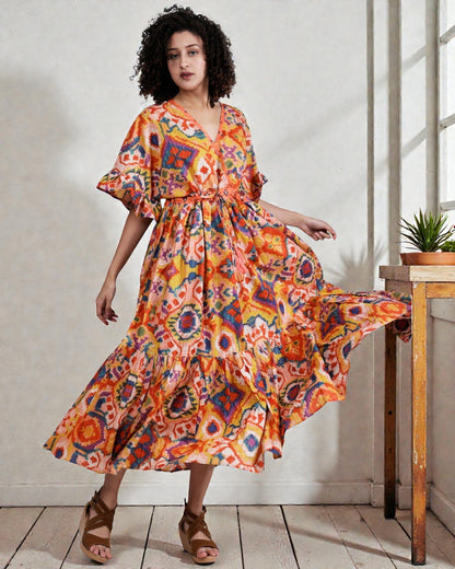 Abstract Screen Print Empire Waist Maxi Dress