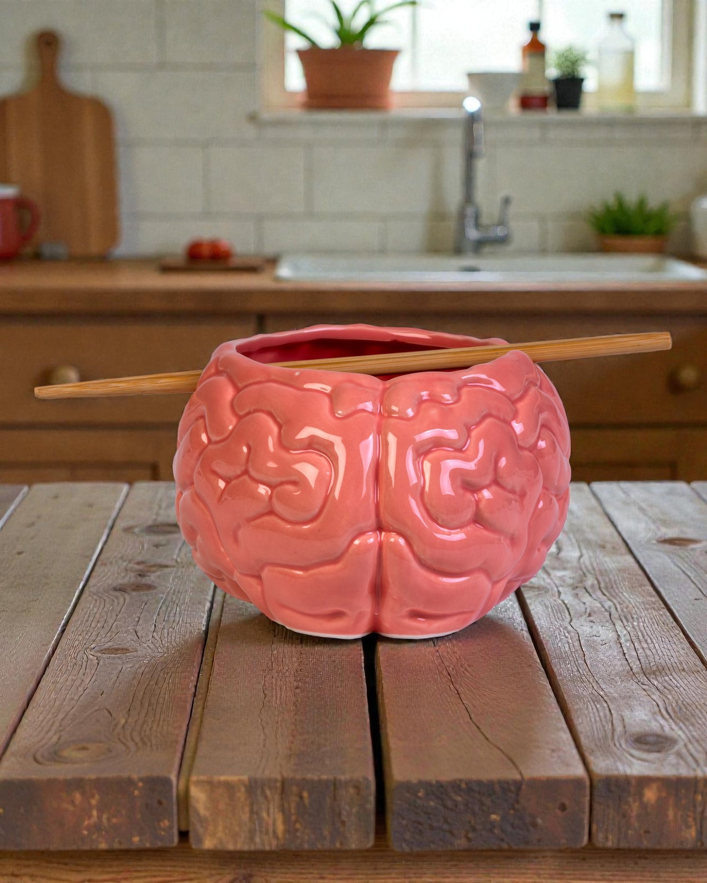 Brain Ceramic Noodle Bowl with Bamboo Chopsticks