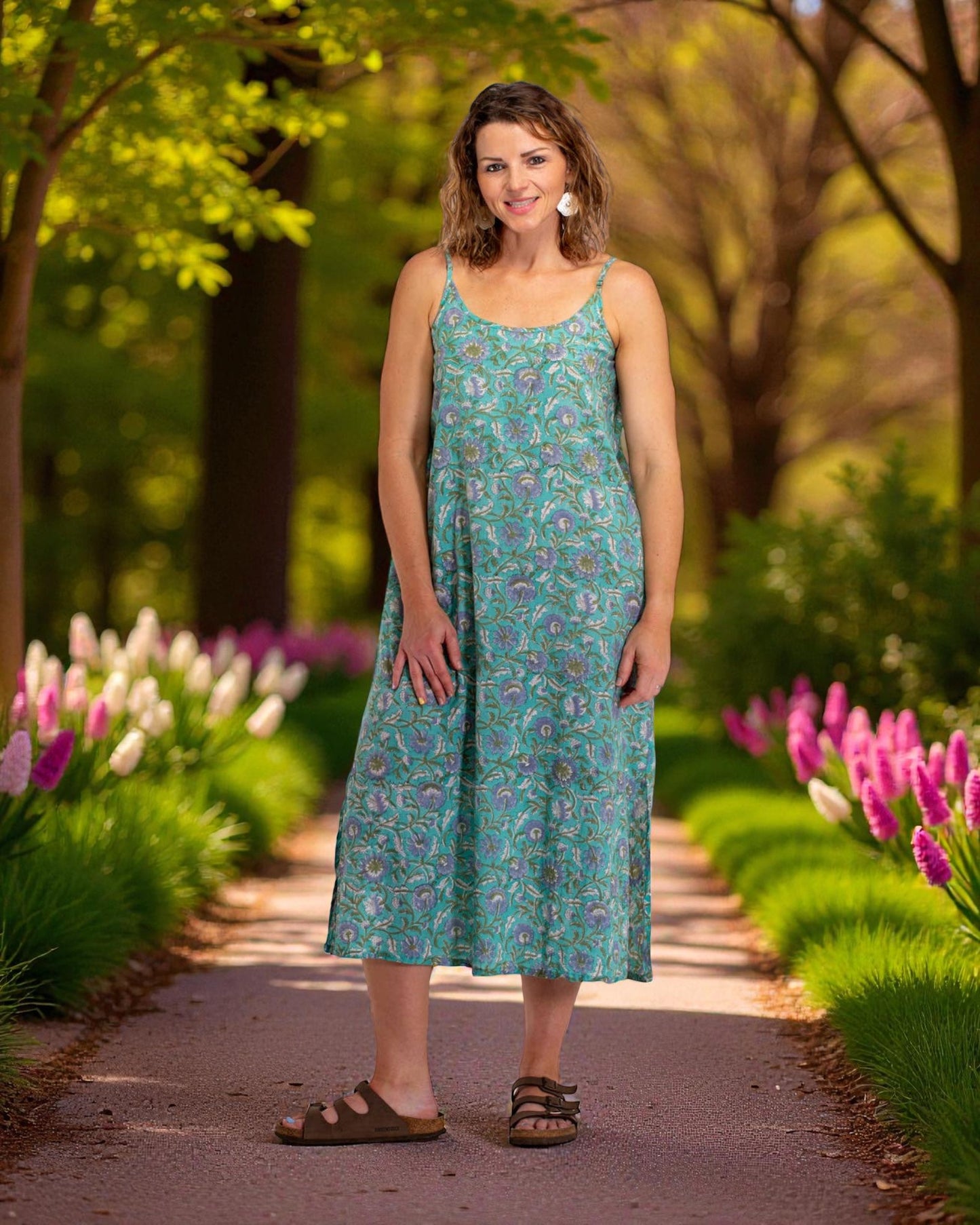 HAND BLOCKED PRINTED COTTON SLIP DRESS: Aqua/Purple / L/XL