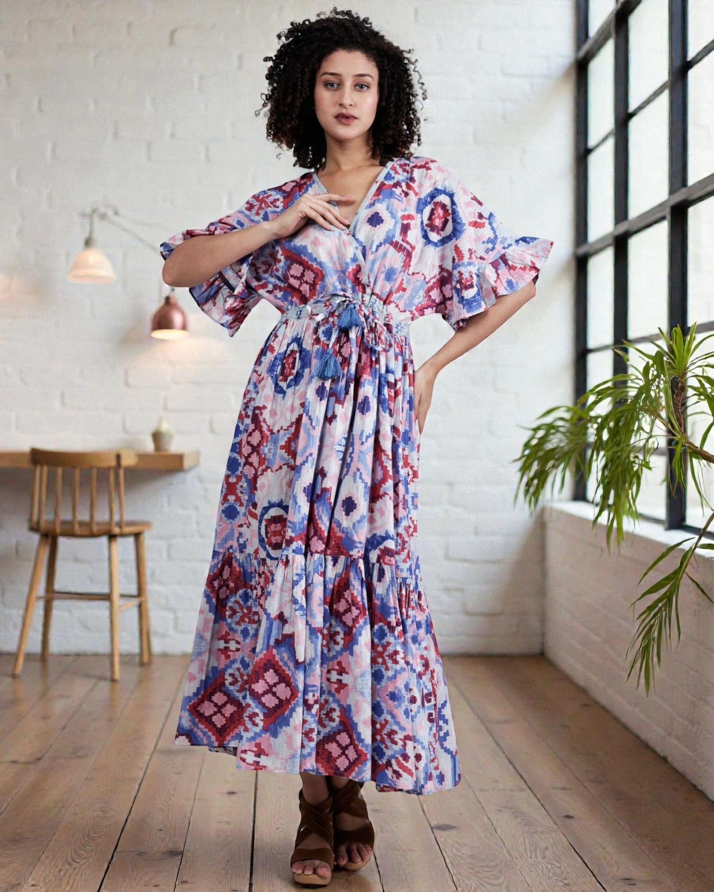 Abstract Screen Print Empire Waist Maxi Dress