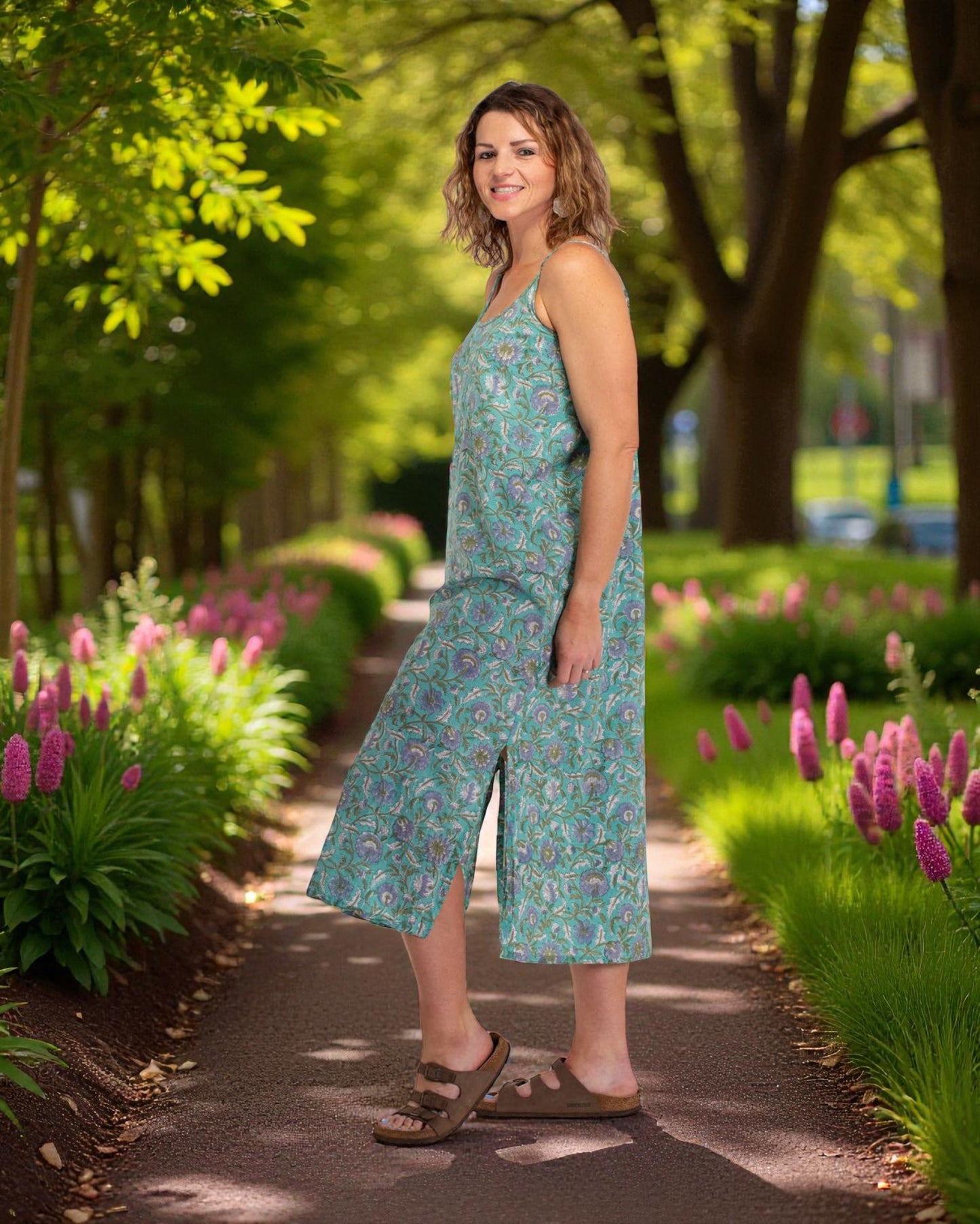 HAND BLOCKED PRINTED COTTON SLIP DRESS: Aqua/Purple / S/M