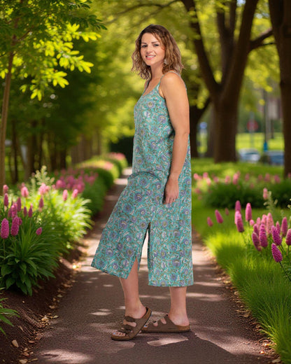 HAND BLOCKED PRINTED COTTON SLIP DRESS: Aqua/Purple / S/M
