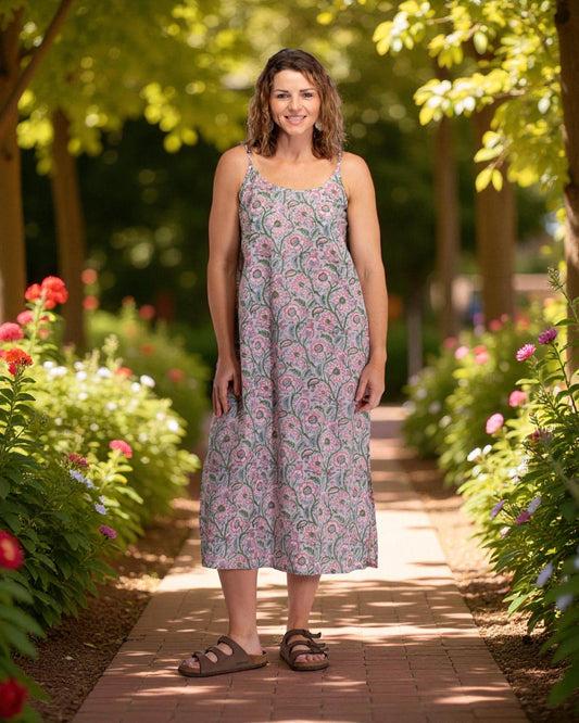 HAND BLOCKED PRINTED COTTON SLIP DRESS: Grey/Pink / S/M