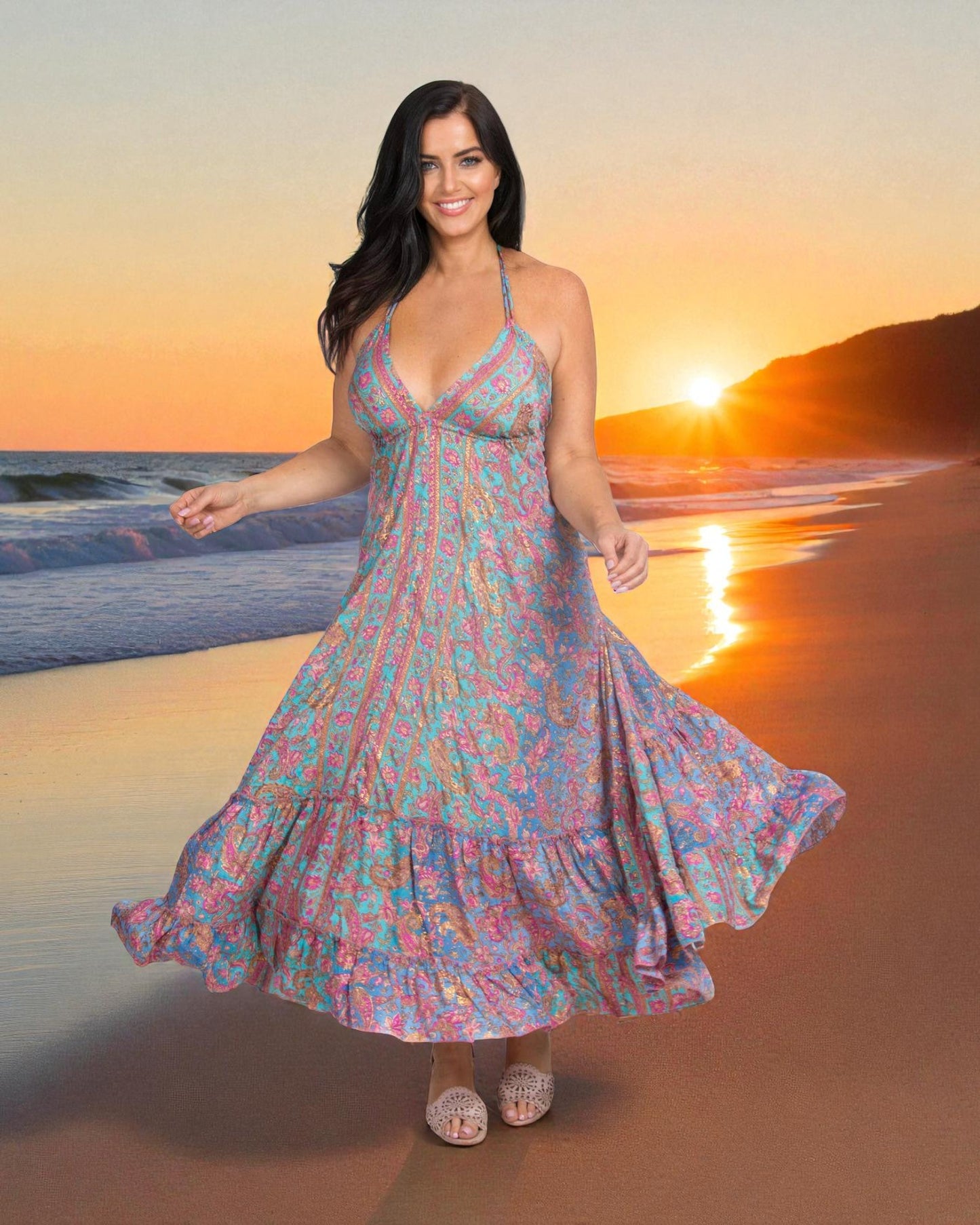 SILK HALTER DRESS: Aqua/Blue / One Size