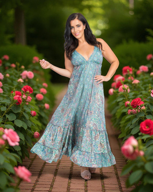 SILK HALTER DRESS: Green/Blue / One Size