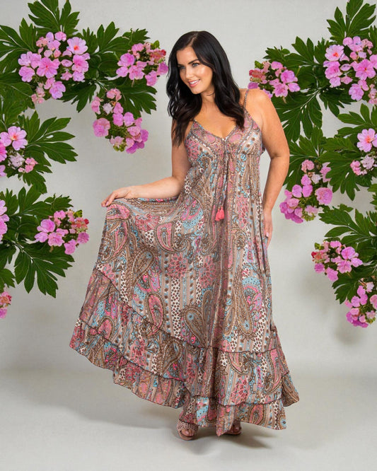 LONG STRAPPY SILK DRESS WITH FRILL: Brown / One Size