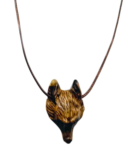 Wolf Head Pendant Gold Tiger Eye