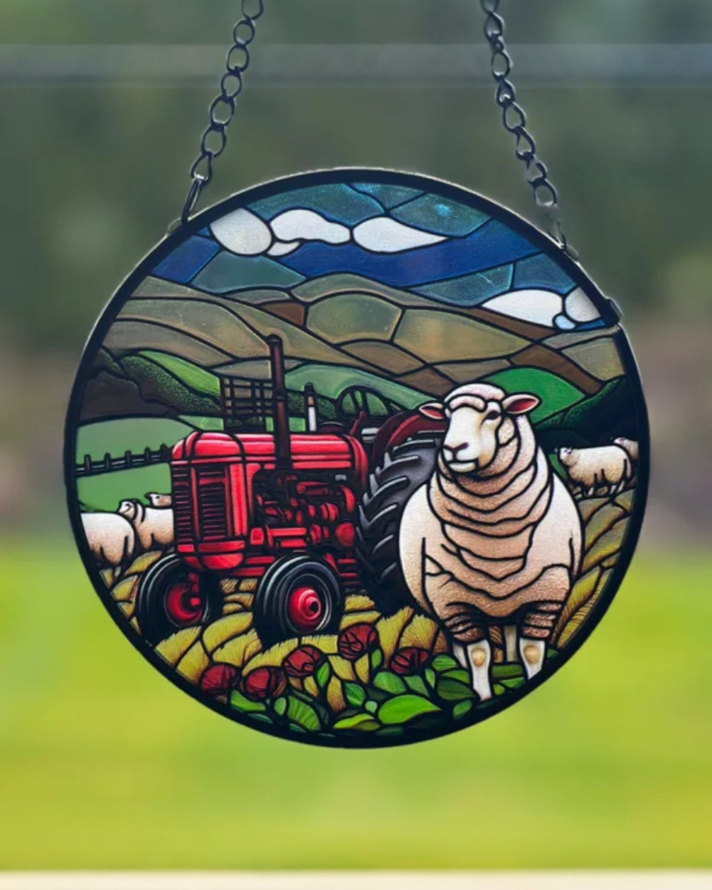 Tractor & Sheep Stained Glass Hanger