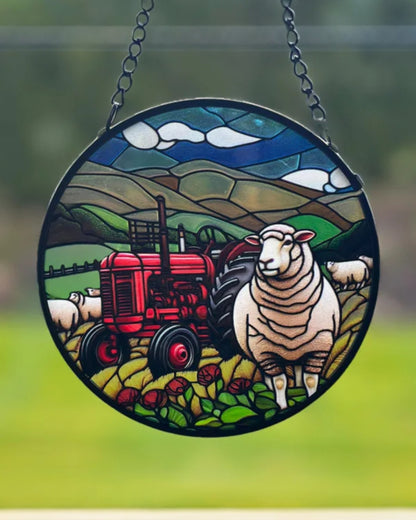 Tractor & Sheep Stained Glass Hanger