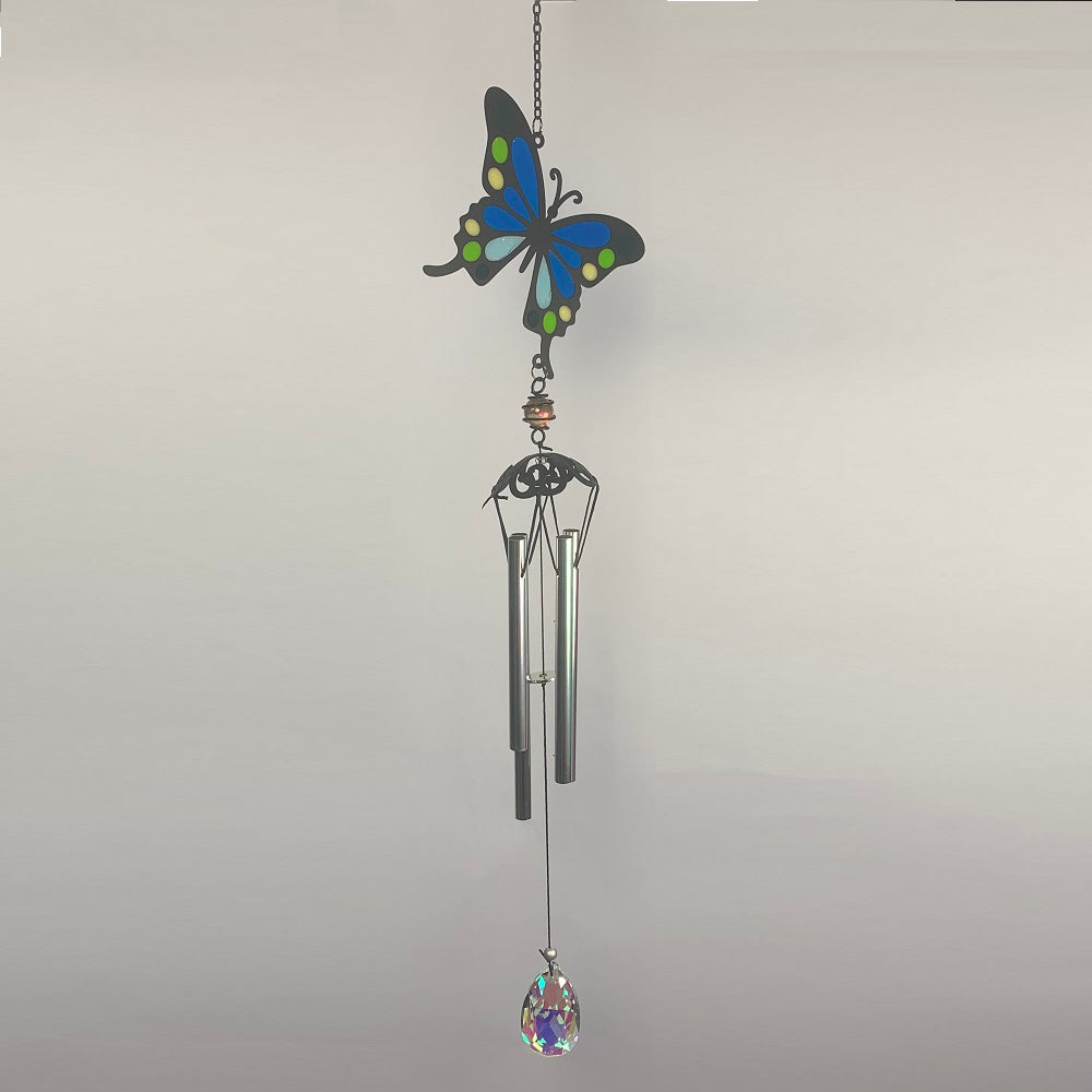 Butterfly Wind Chime 25" NEW! Enjoy the relaxing sounds of wind chimes as a gentle breeze passes through this beautiful resin wind chime. This butterfly makes a sweet-sounding addition to any yard or garden.