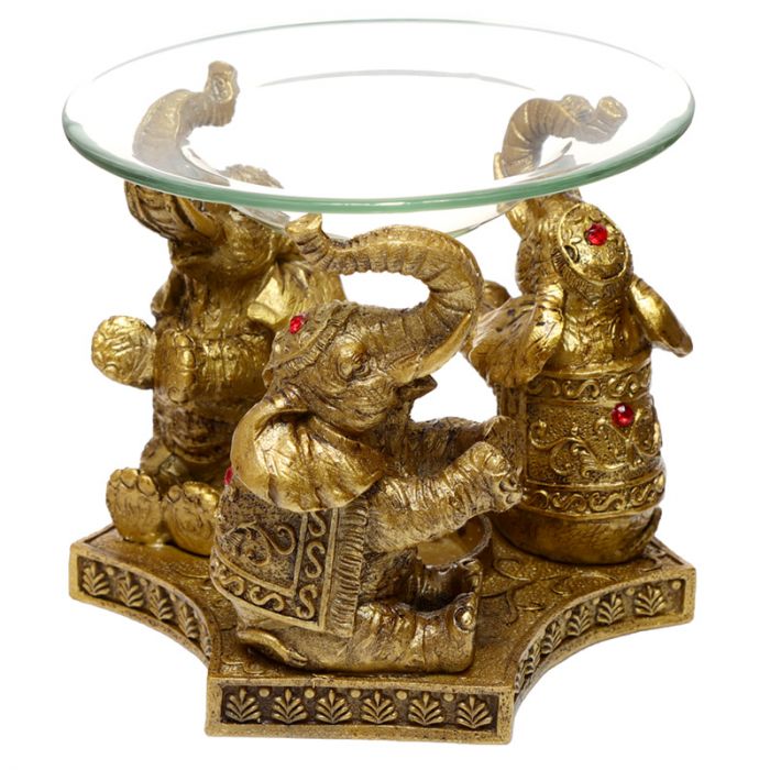 Lucky Elephant Gold Oil and Wax Burner with Glass Dish