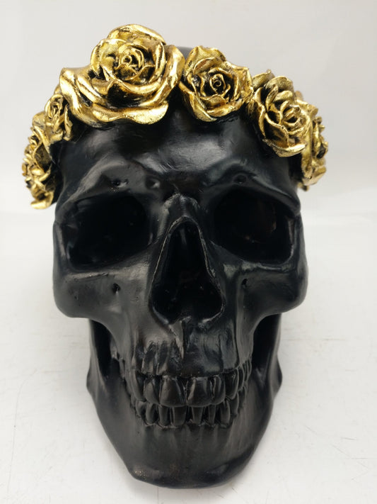 Black Skull with Gold Roses
