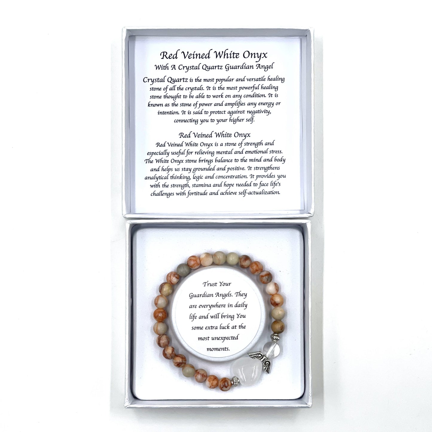 Red Veined White Onyx Crystal Heart Guardian Angel Bracelet