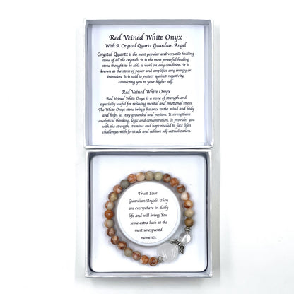Red Veined White Onyx Crystal Heart Guardian Angel Bracelet