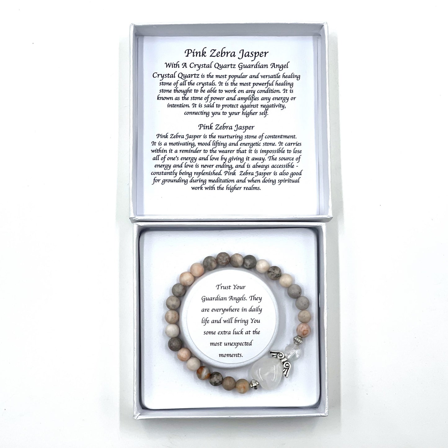 Pink Zebra Jasper Crystal Heart Guardian Angel Bracelet