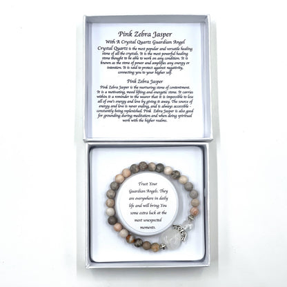 Pink Zebra Jasper Crystal Heart Guardian Angel Bracelet