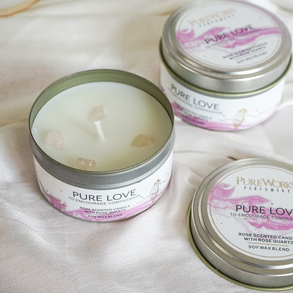 Pure Love Rose with Rose Quartz Crystal Energy Candles