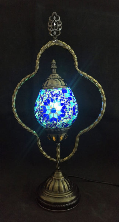Metal Framed Turkish Mosaic Lamp - 45CM approx  Dimensions of the glass globe:  Diameter: 13.50cm approx.  Height excluding metal top and bottom: 9.2CM approx.  Height including metal top and bottom: 21CM approx.  Our lamps come with full NZ-recognised electrical certification and include an LED bulb.
